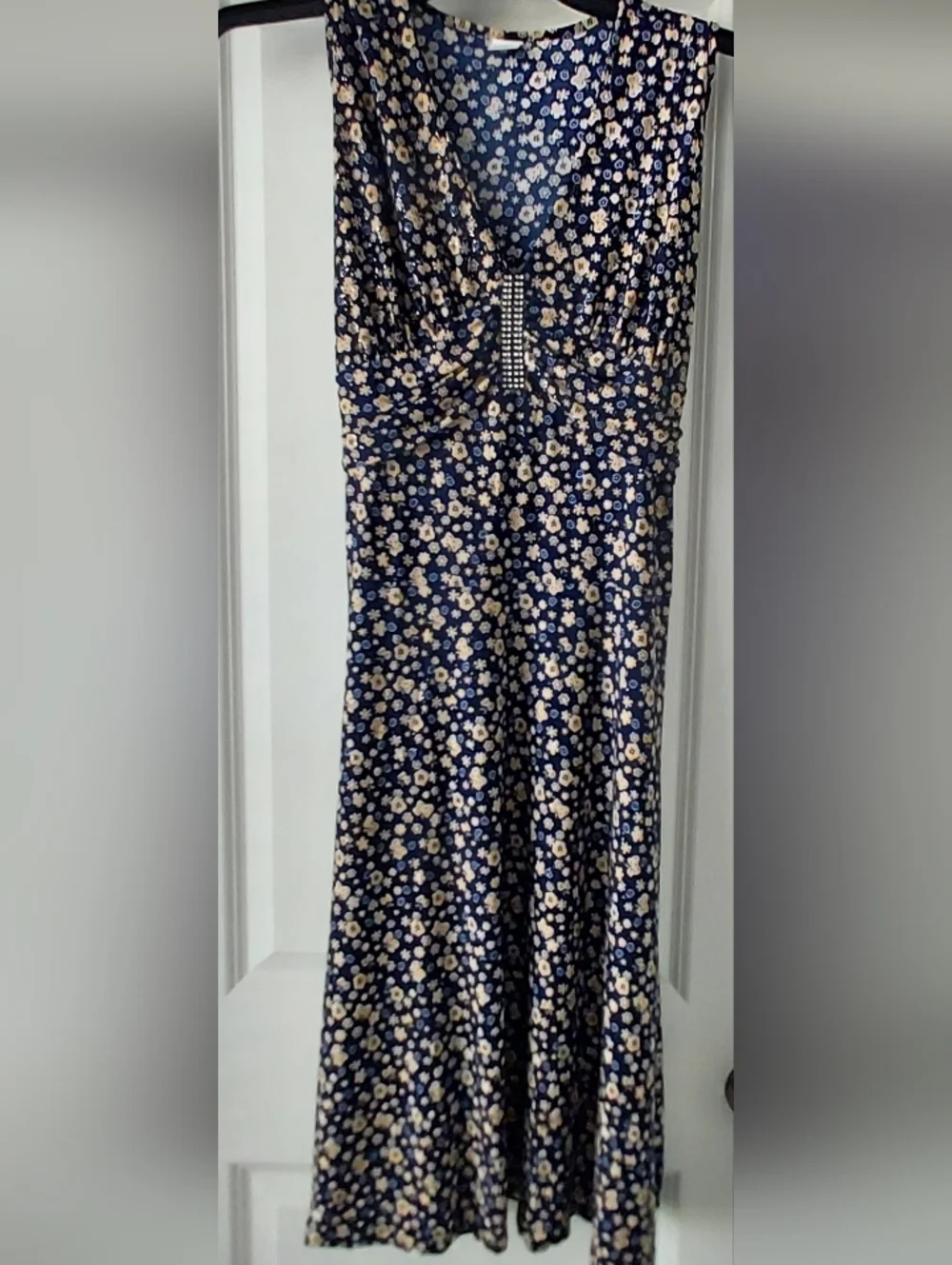 Silk Dress V Neck Sleeveless  Rhinestone Glitter Navy Floral Y2K Babydoll L/XL
